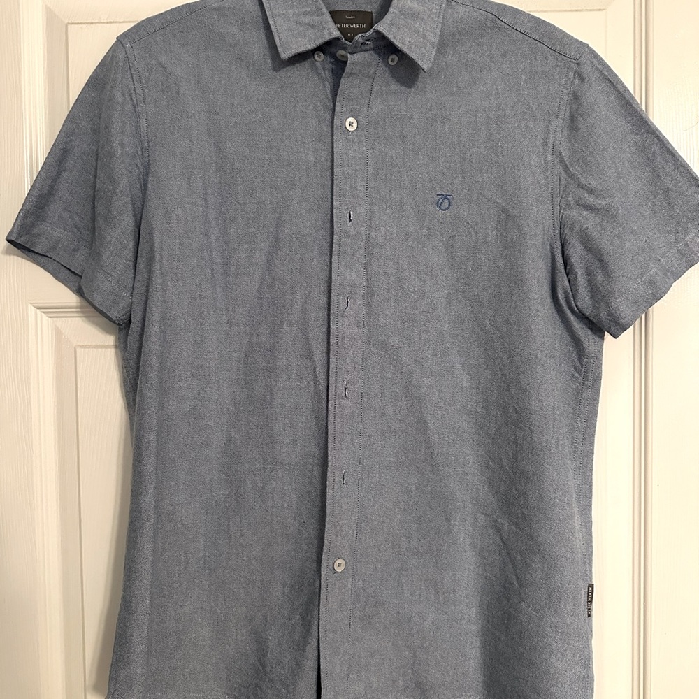 Men’s Peter Werth London Blue Button Down Short Sleeve Shirt Size Small Great